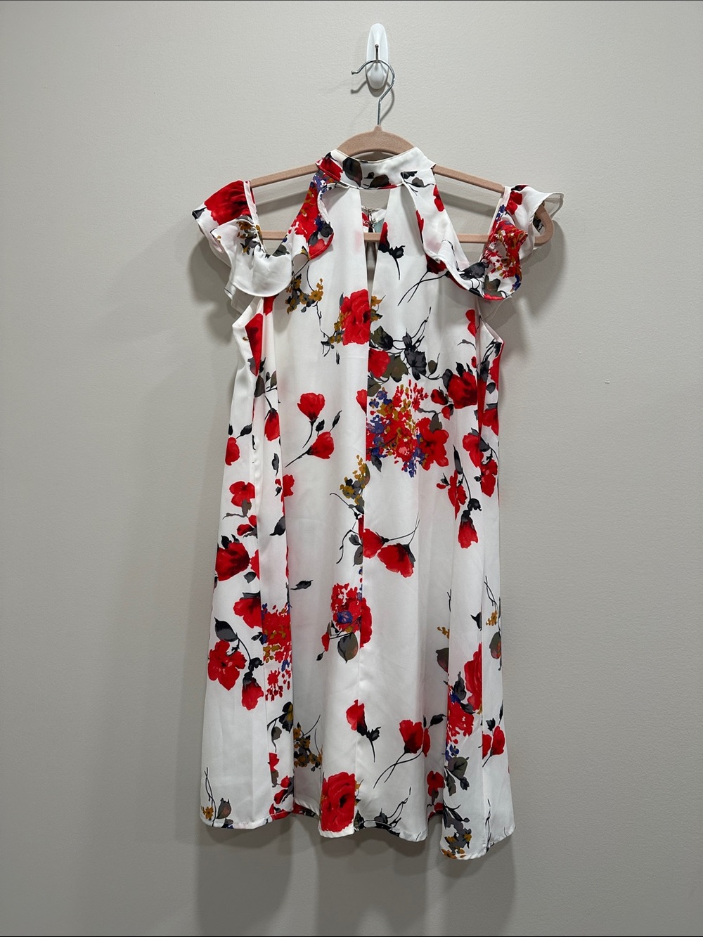 Skies Are Blue White Mini Dress with Red Floral Print